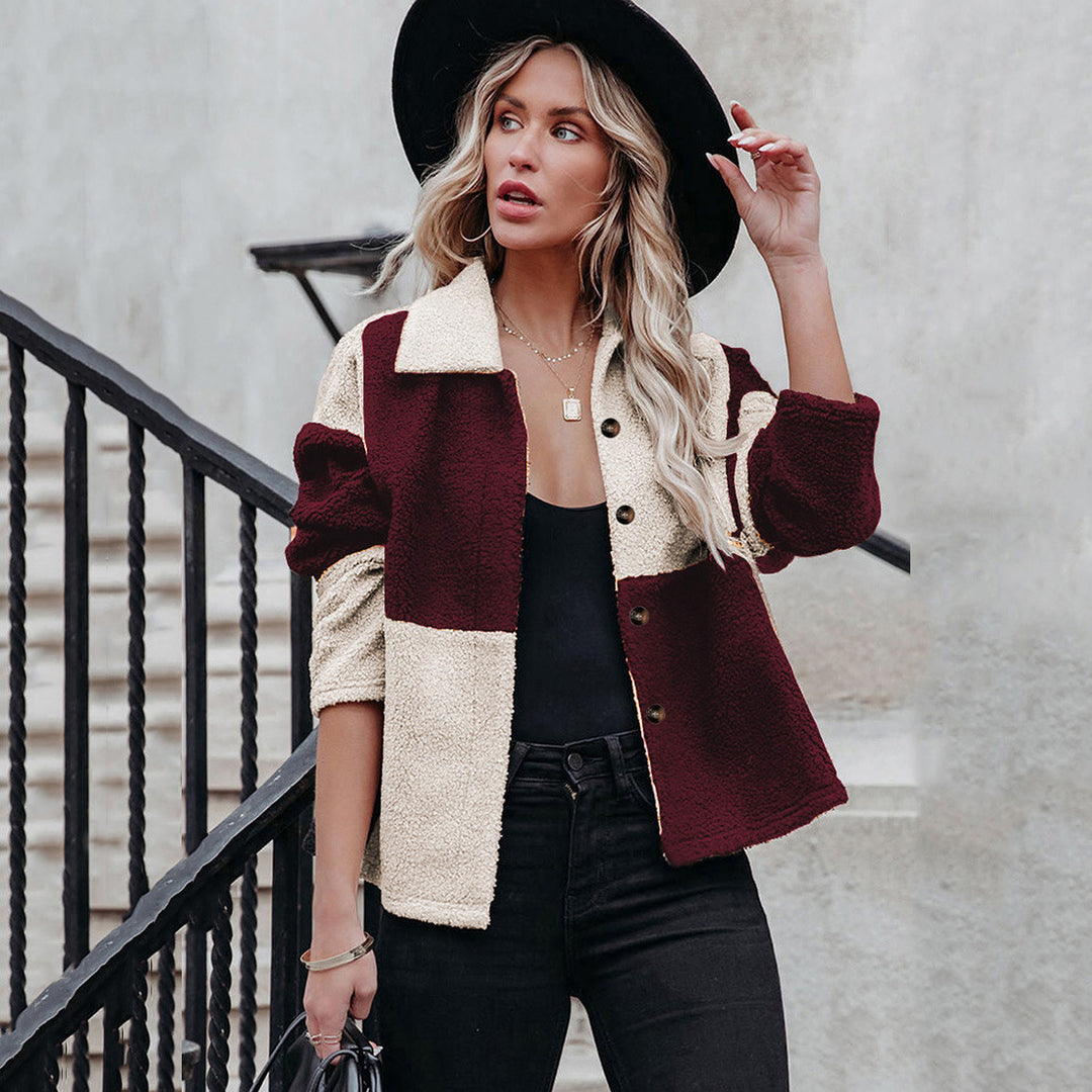 Damen trendige Teddyjacke mit modernem Patchwork-Design EB