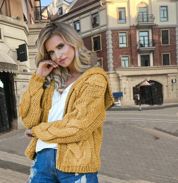 Damen Strickjacke mit Kapuze und modernem Zopfmuster EB