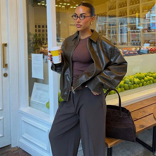 Damen modische Kunstlederjacke mit elastischem Bund EB