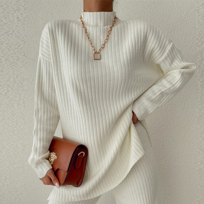 Damen Langarm Strickpullover mit Stehkragen und Rippenstruktur EB