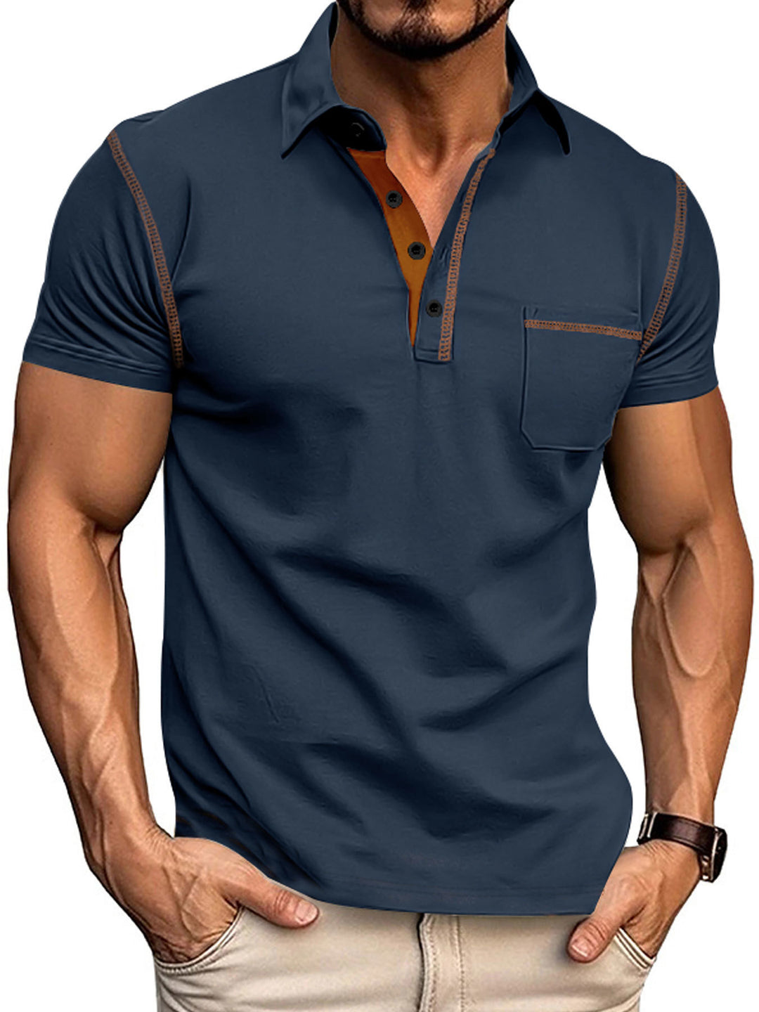 Herren nan Kurzarm-Polo mit Brusttasche, kontrastierender Steppnaht und Hemdkragen EB