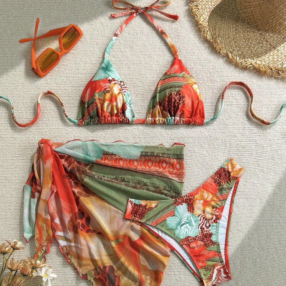 Damen Florales Bikini-Set mit Kombination aus Oberteil und Wickeltuch EB