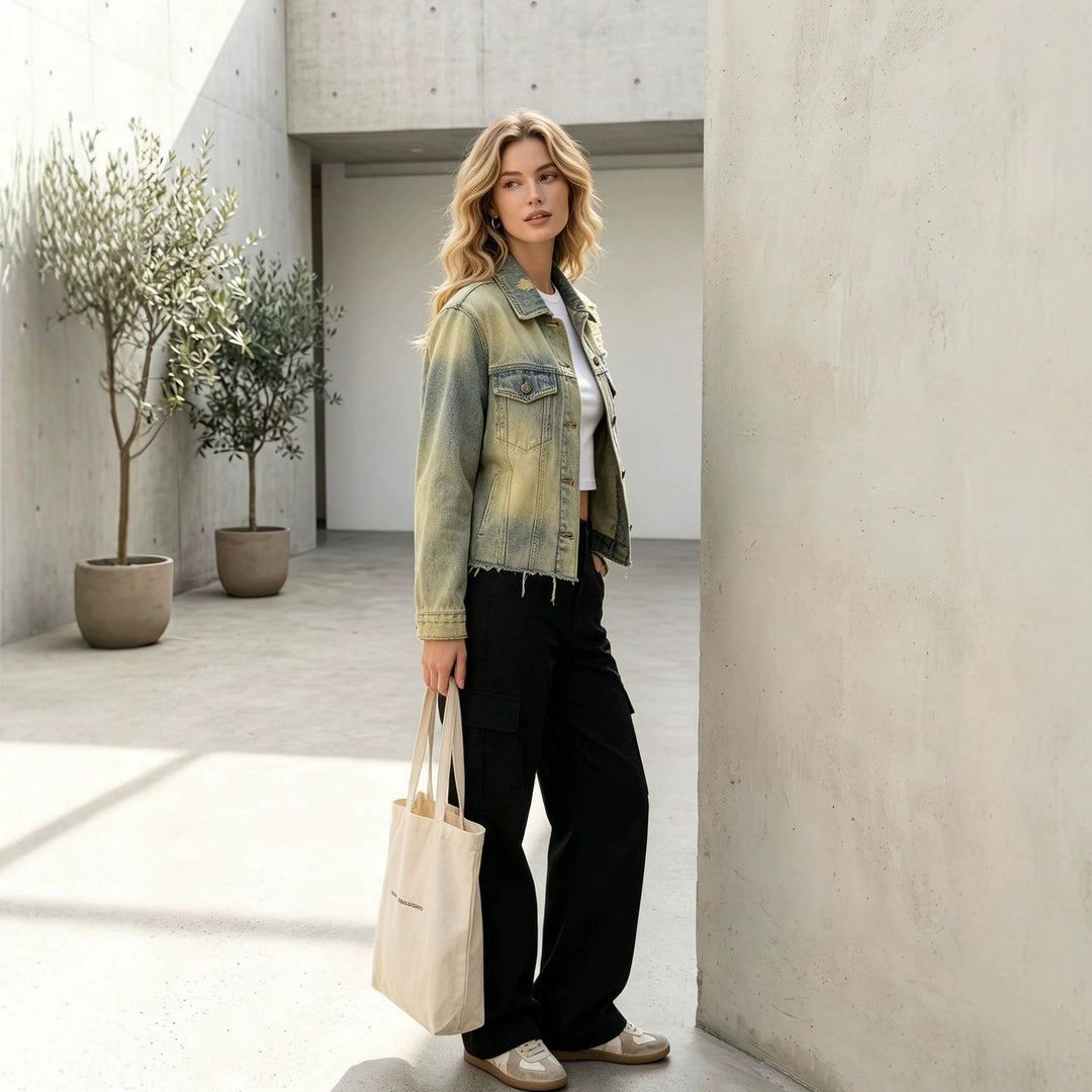 Damen nan kurze Denimjacke im Destroyed-Look mit Brusttaschen und rohem Saum EB