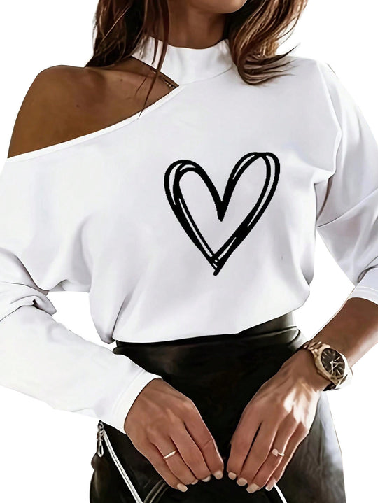 Damen Off-Shoulder Sweatshirt mit Herzmotiv EB