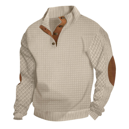 Herren nan Halbknopf-Stehkragenpullover mit Wabenstruktur und Lederbesatz EB