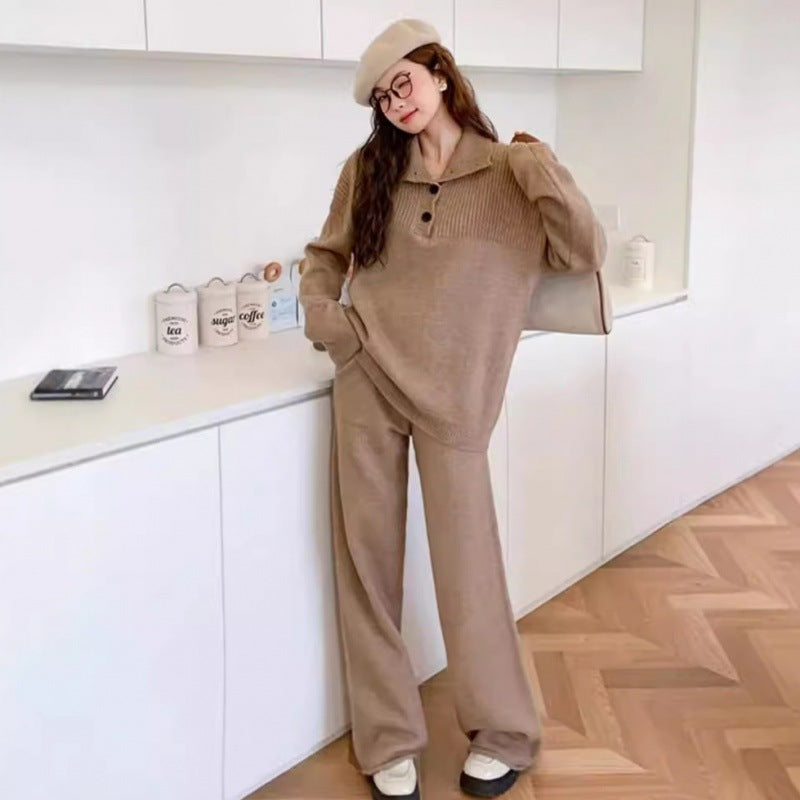 Damen Strickstil-Pullover mit integriertem Kragen und Knopfverschluss EB