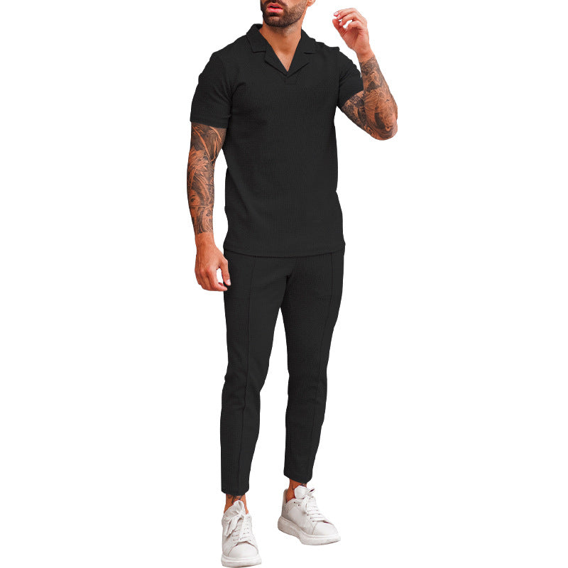 Herren modernes Freizeit-Set mit poloähnlichem Oberteil und schmal geschnittenen Hosen EB