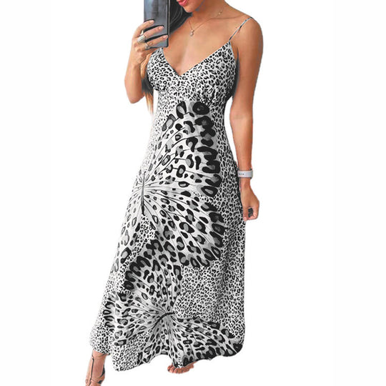 Damen Maxikleid mit feinem Spaghettiträger-Design und auffälligem Tiermuster EB