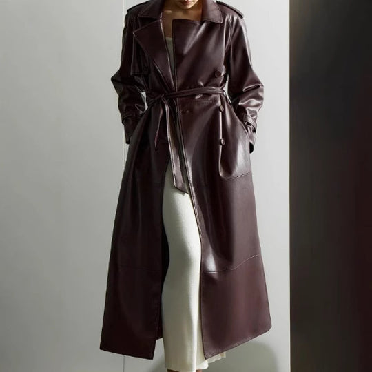 Damen Trenchcoat aus hochwertigem Kunstleder mit taillierbarem Gürtel EB