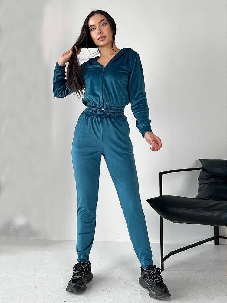 Damen Sportliches Fleece-Loungewear-Set mit Kapuze und tailliertem Schnitt EB