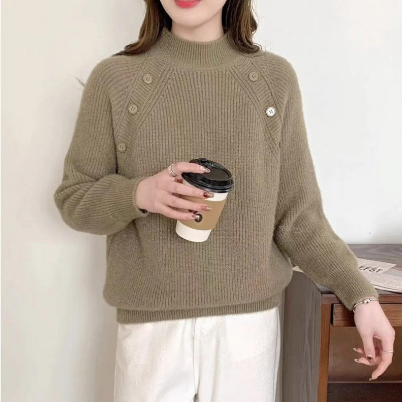 Damen Grobstrickpullover mit modernem Stehkragen und Knopfdetails EB