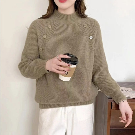 Damen Grobstrickpullover mit modernem Stehkragen und Knopfdetails EB