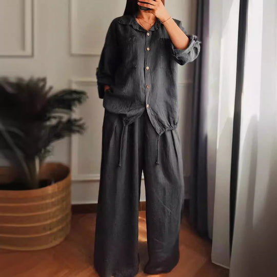 Damen Leinen-Set mit weiten Hosen undlässiger Bluse EB