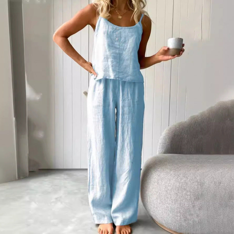 Damen lässiges Leinen-Set mit trägerloser Bluse und weiten Hosen EB