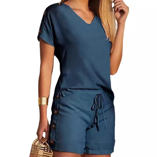 Damen Shorty-Overall mit Knopf-Details und elegantem V-Ausschnitt EB