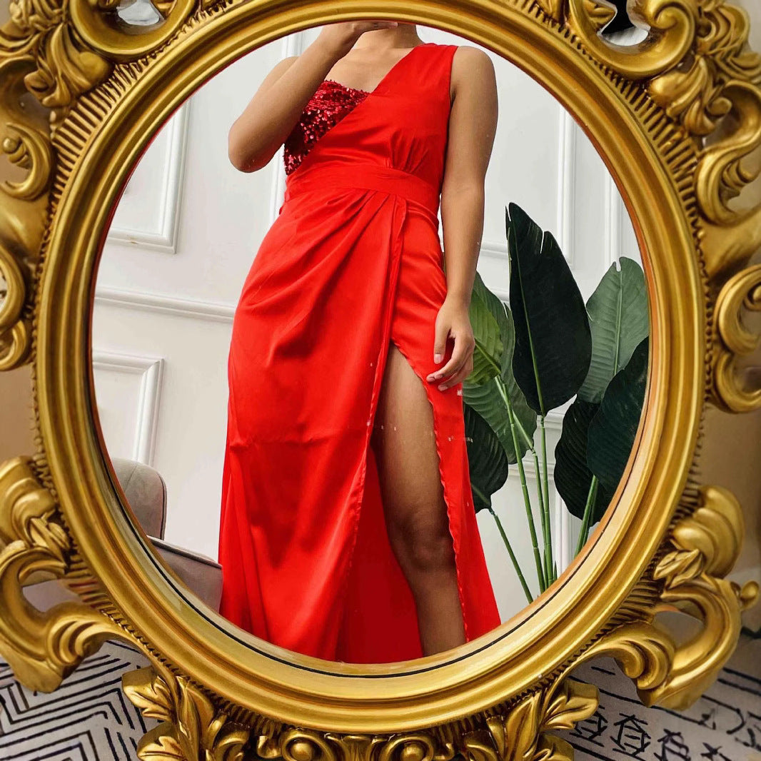 Damen Glamouröses Abendkleid mit asymmetrischem Design und schimmernden Pailletten EB