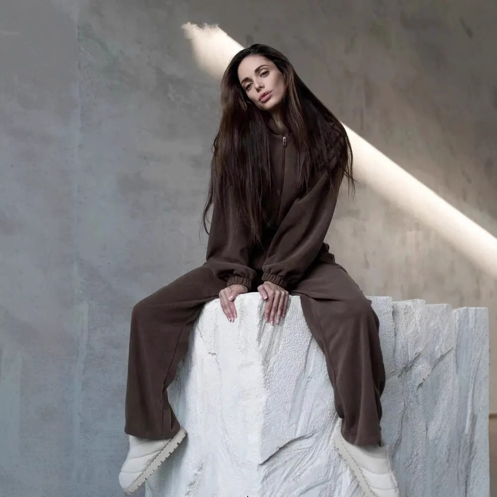 Damen Velours-Loungewear-Set mit kurzem Reißverschluss-Hoodie und weiter hochgeschnittener Palazzohose EB