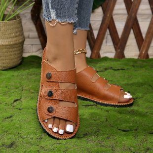 Damen Komfortable Riemchen-Sandalen mit moderner Knopf-Applikation EB