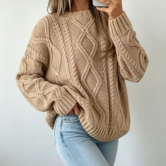 Damen Oversize Flechtstrick-Pullover mit Zopfmuster und Rundhals EB