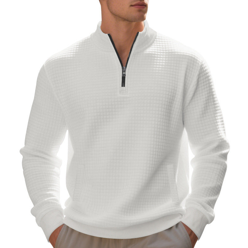 Herren Waffelstrick-Halbzip-Pullover mit Stehkragen, Kängurutasche & gerippten Abschlüssen EB