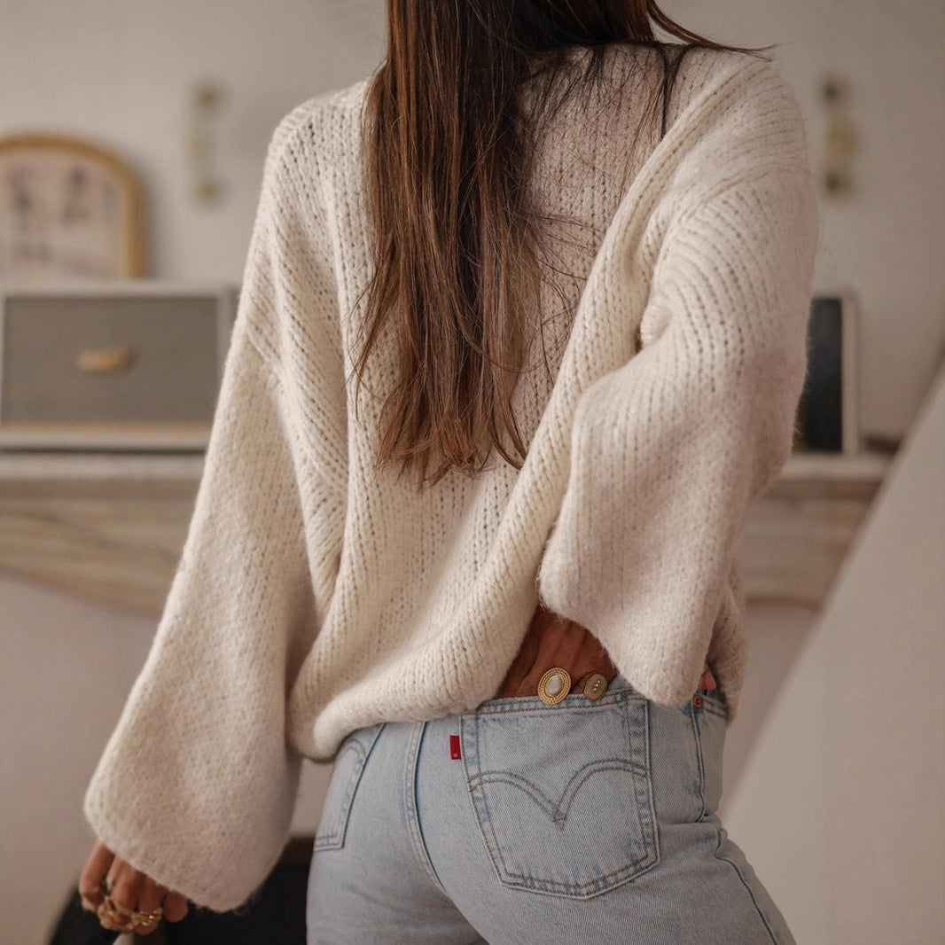Damen kuschelige Strickjacke mit oversized Ärmeln und eleganten Perlenknöpfen EB