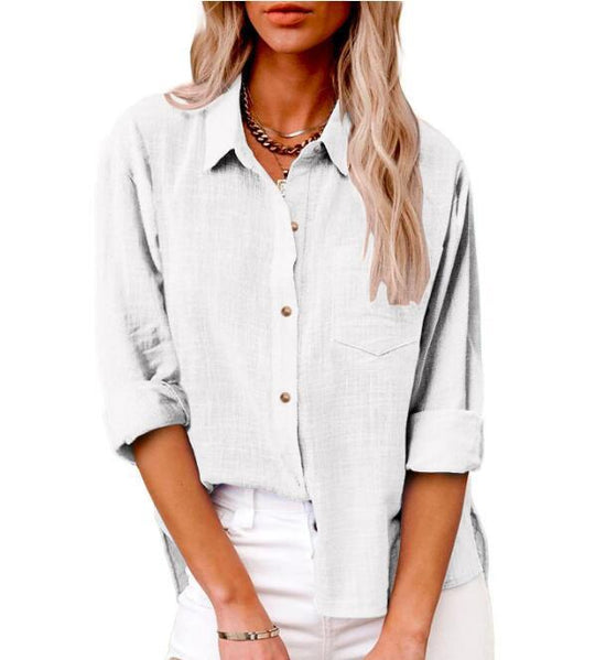 Damen lässige Leinenbluse mit kurzem Arm und Knopfdetails EB