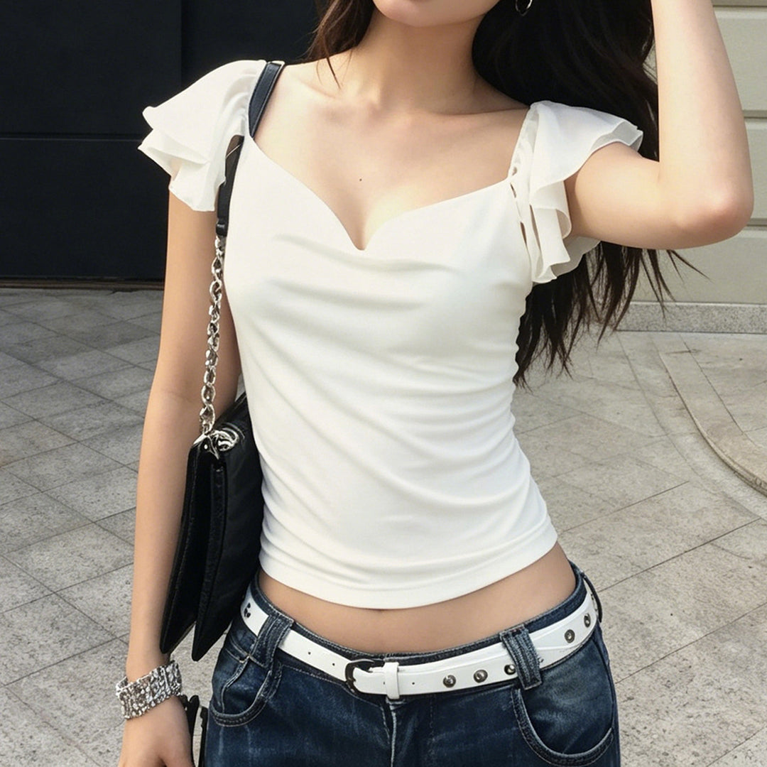 Damen elegantes Top mit schulterfreien Rüschendetails EB
