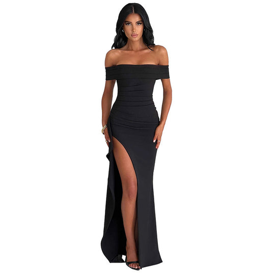Damen elegantes schulterfreies Wickelkleid mit hohem Schlitz EB
