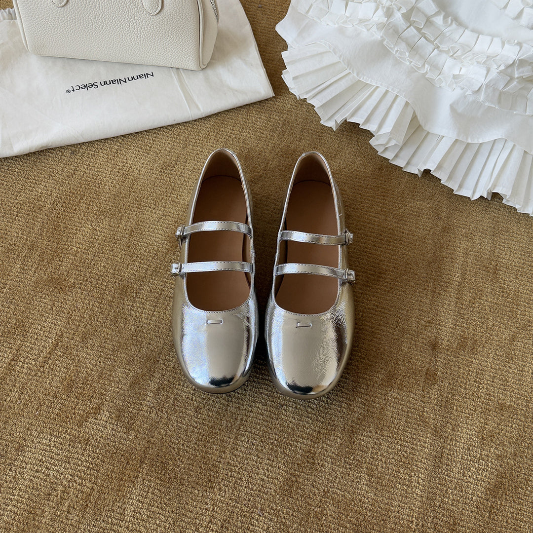 Damen Elegante Ballerinas mit doppeltem Riemchen aus hochwertigem Metallic-Leder EB