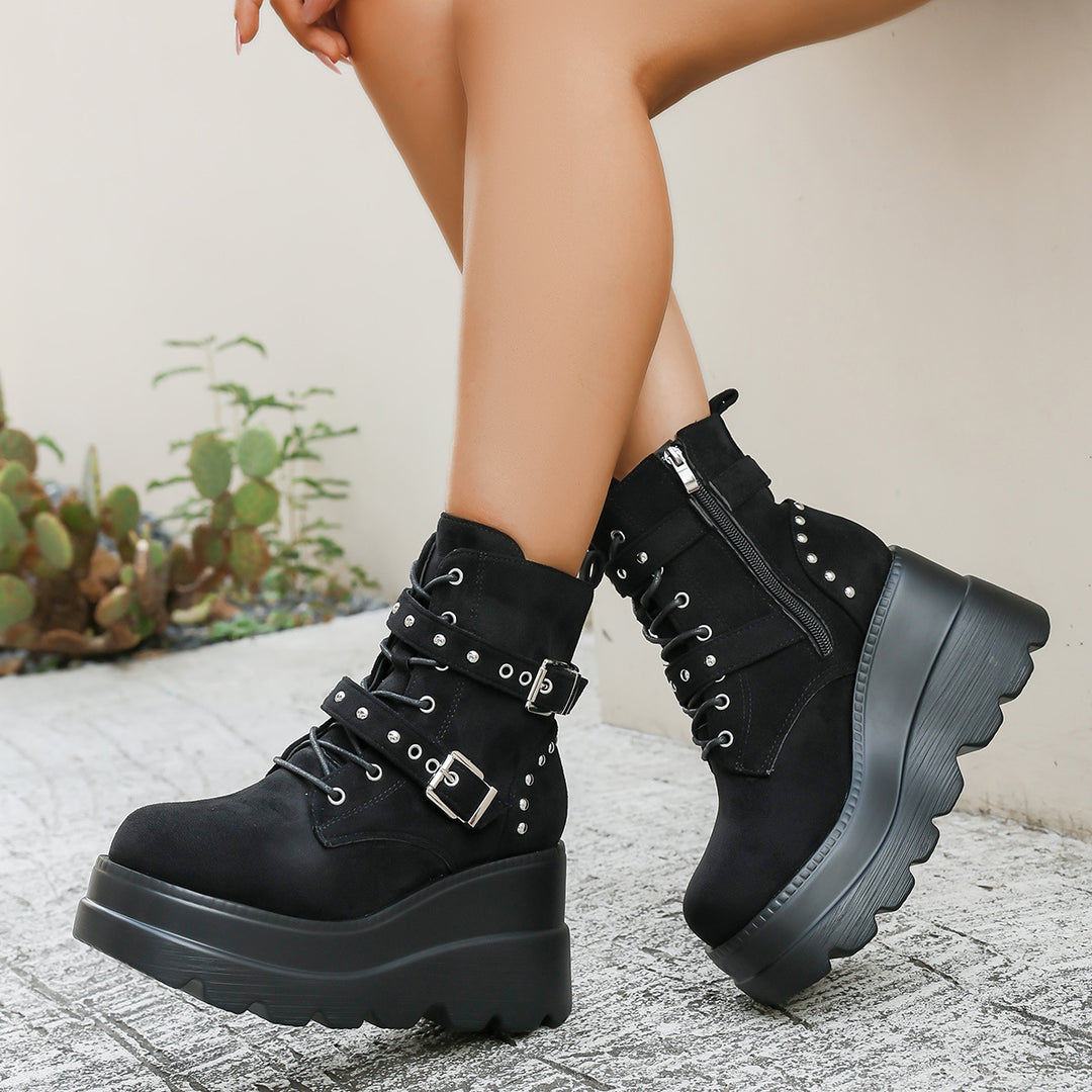 Damen Wedge-Stiefel mit modischen Schnallen und robustem Plateau EB