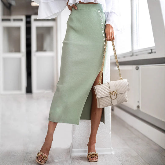Damen Eleganter Strickrock mit Knopfdetail und Schlitz EB