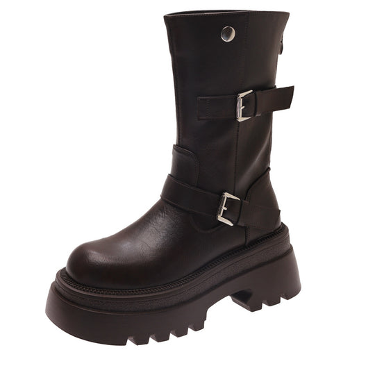 Damen modische kniehohe Stiefel mit verstellbarem Riemendesign und robustem Profil EB