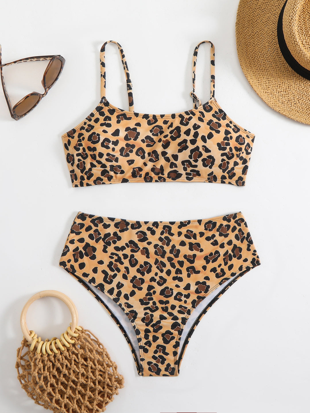 Damen Bikini-Set mit trendigem Leopardenmuster und hohem Taillenbund EB