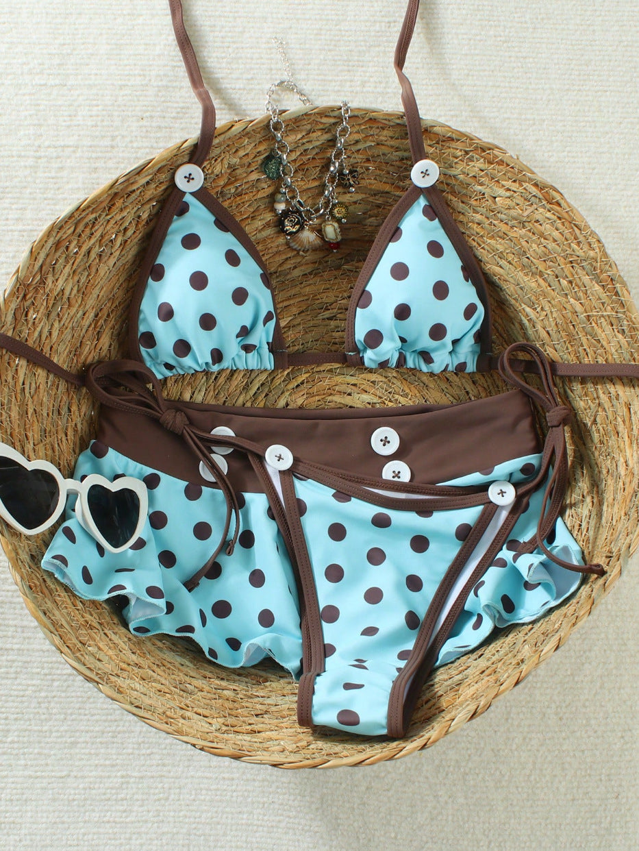 Damen Triangel-Bikini mit Rüschen und modischem Punkten-Design EB