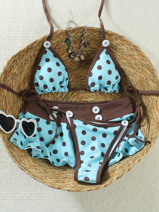 Damen Triangel-Bikini mit Rüschen und modischem Punkten-Design EB