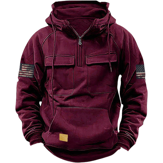 Herren nan Kapuzenpullover mit Halbzip, Cargo-Brusttaschen und Kängurutasche EB