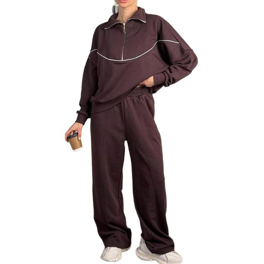 Damen Lockeres Loungewear-Set mit halbhohem Reißverschluss, überschnittenen Schultern und weiter Palazzohose EB