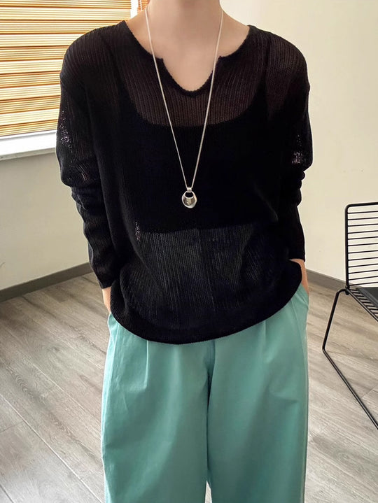 Damen luftiger Strickpullover mit V-Ausschnitt und lässigem Schnitt EB