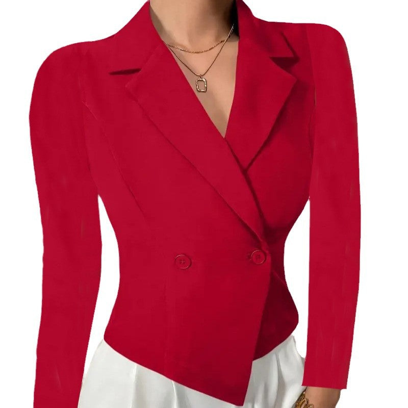 Damen Elegante Blazerjacke mit doppelt knöpfbarer Front und geschwungenem Saum EB