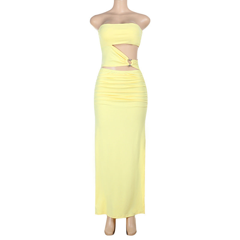 Damen elegantes schulterfreies Wickelkleid mit seitlichem Cut-Out EB