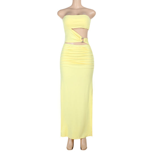 Damen elegantes schulterfreies Wickelkleid mit seitlichem Cut-Out EB