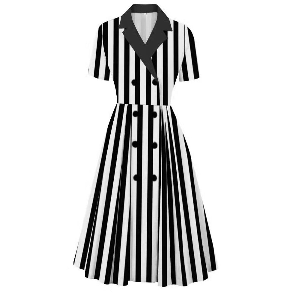 Damen elegantes Midikleid mit doppelter Knopfleiste und schwingendem Rock EB