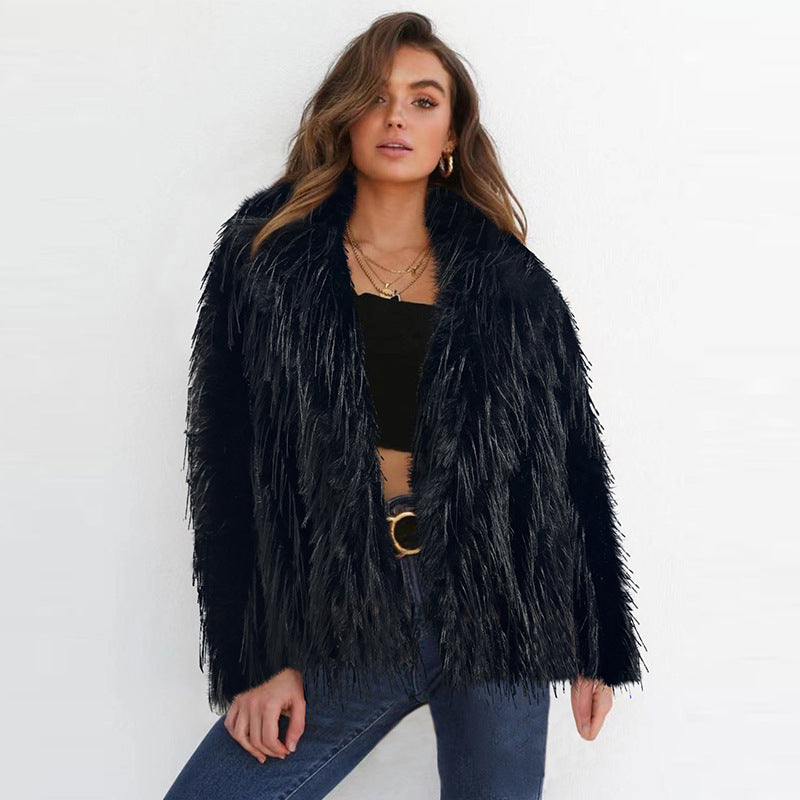 Damen Eleganter Kunstfellblazer mit breitem Kragen EB