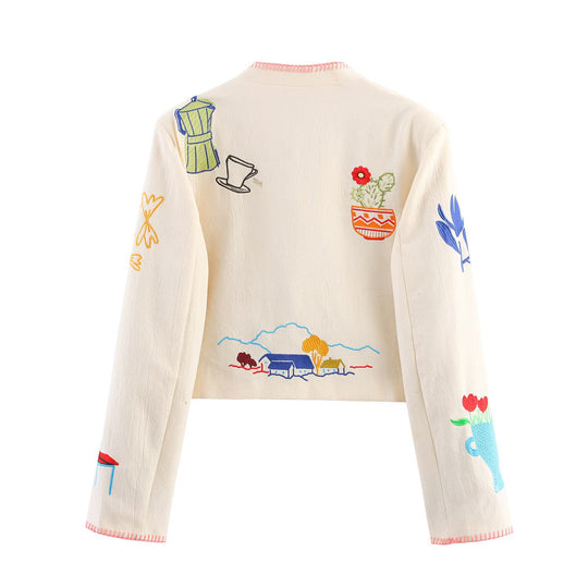 Damen bestickte Kunstlederjacke mit floralem Design EB
