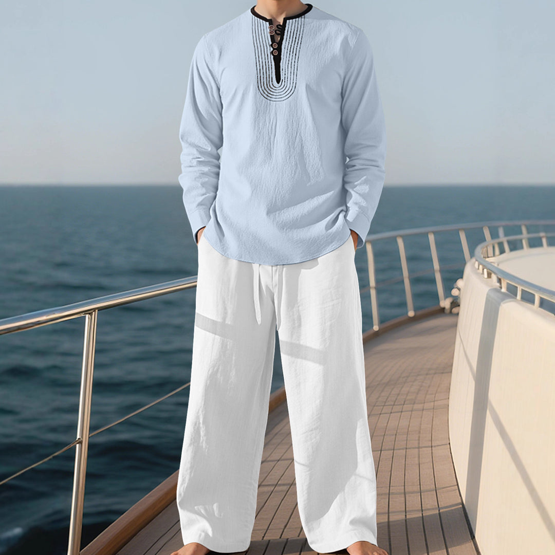 Herren nan Tunika- und Palazzohose-Set mit Henley-Blende, Zierstickerei und weitem Schnitt EB