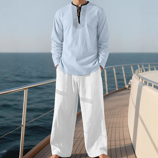 Herren nan Tunika- und Palazzohose-Set mit Henley-Blende, Zierstickerei und weitem Schnitt EB