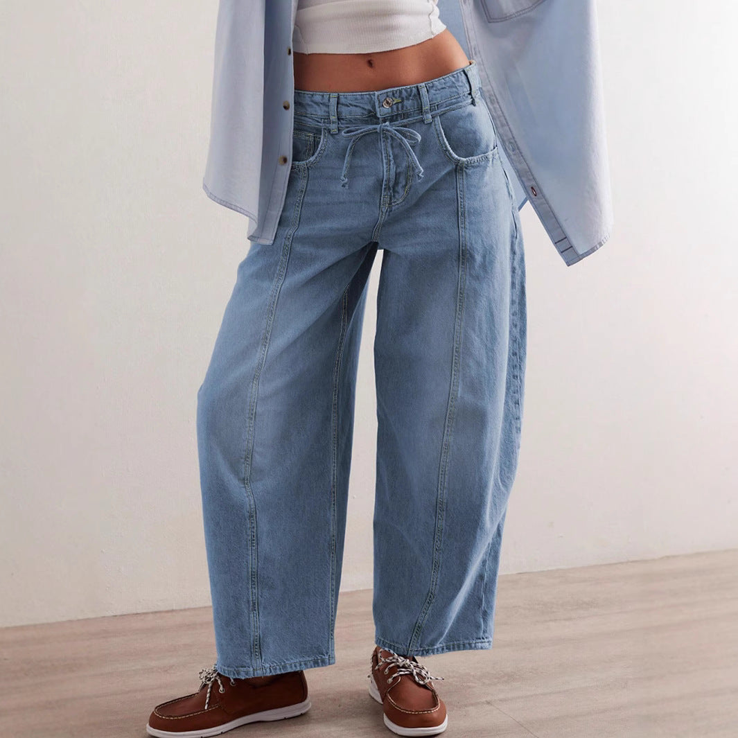 Damen Lässige Weite Denim-Hose mit Tunnelzug EB
