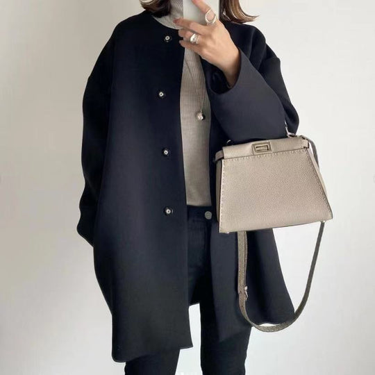 Damen Eleganter Oversized Wollmantel mit Doppelknopf-Verschluss und seitlichen Taschen EB