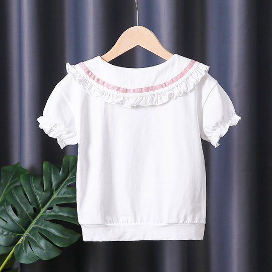 Mädchen T-Shirt mit rüschenverziertem Kragen und Schleifenakzenten EB