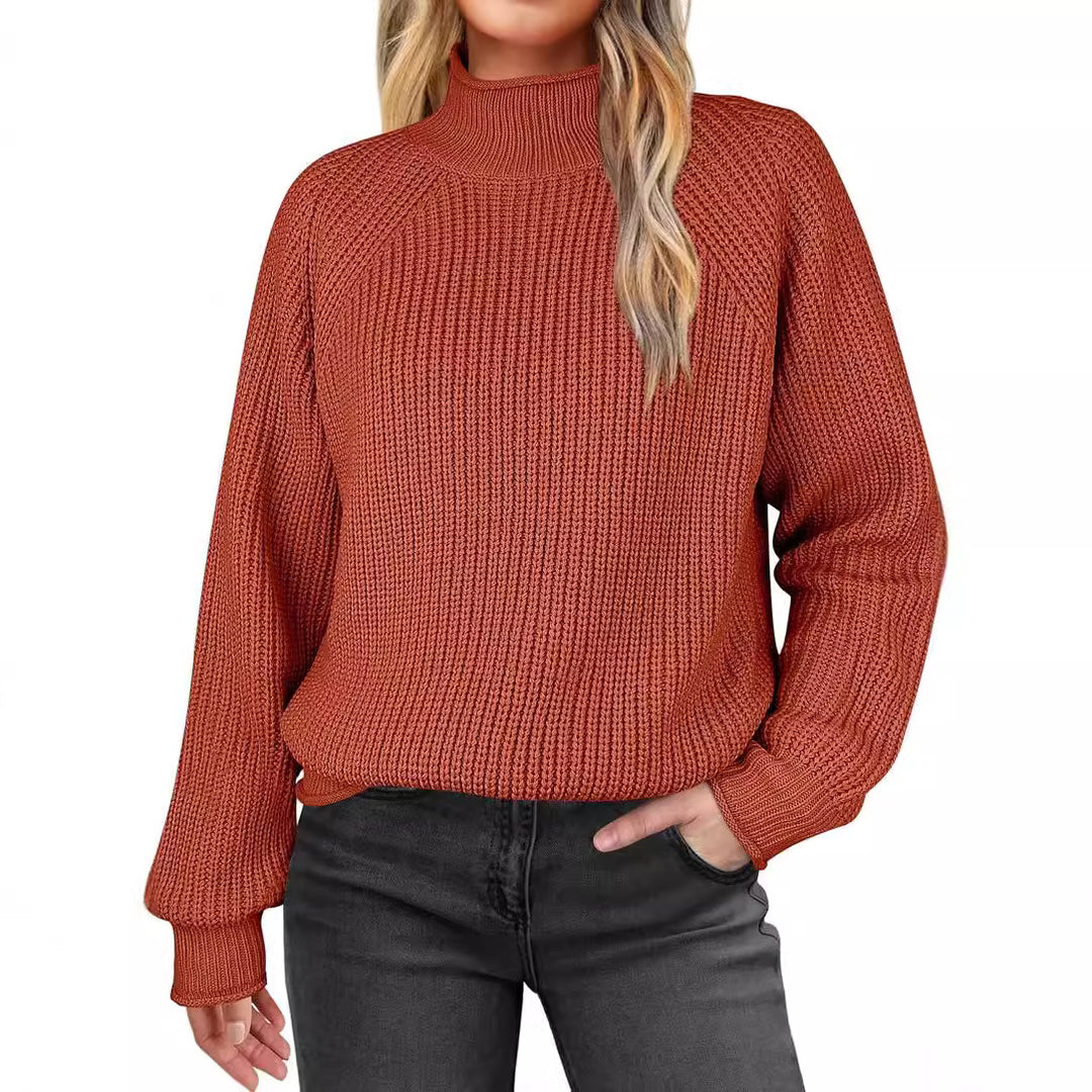 Damen modischer Strickpullover mit hohem Kragen und strukturierter Oberfläche EB